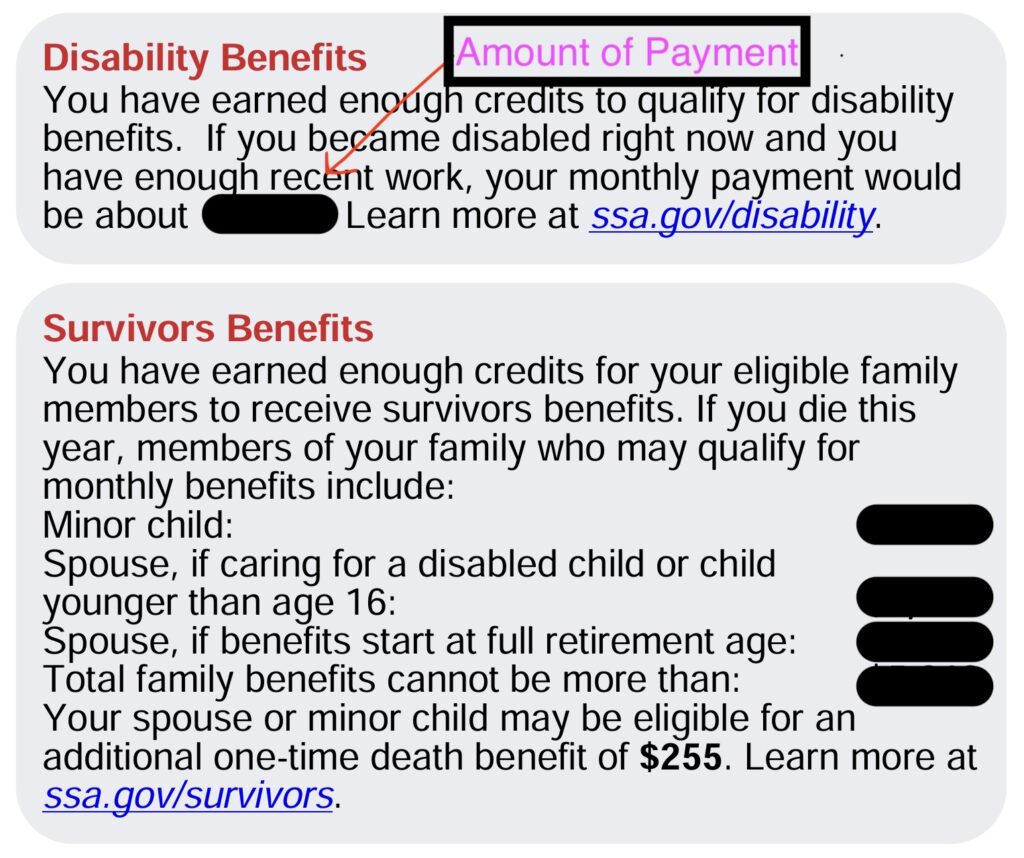 portion of social security benefit statement highlighting the disability payment amount